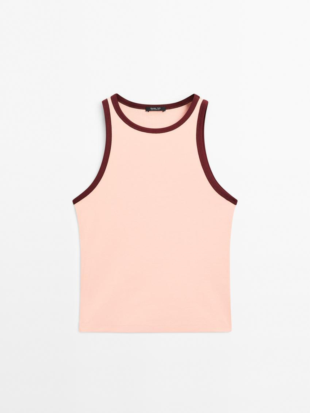 Massimo Dutti Топ из 100% хлопка с горловиной халтер и контрастной отделкой, цвет розового дерева