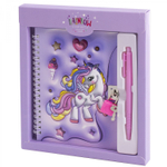 Блокнот в футляре, 17,5 см * 19,5 см, гребень, Alingar, ламин, конгрев, эффект 3D, ручка, замоч, клетка, 45 л., "Единорог", сиреневый