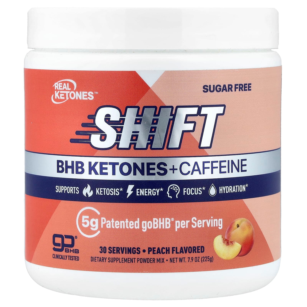 Real Ketones, Shift, смесь кетонов BHB и кофеина в порошке, со вкусом персика, 225 г (7,9 унции)