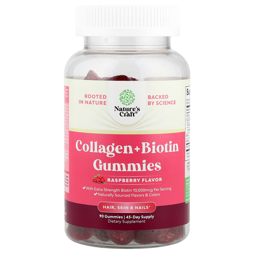 Nature's Craft, Жевательные мармеладки с коллагеном и биотином, малина, 90 жевательных таблеток