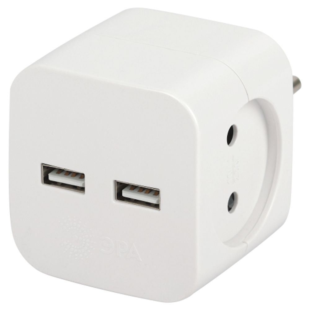 Разветвитель электрический ЭРА SP-2-USB-W на 2 розетки + 2xUSB 2400mA без заземления 10А белый | Электротовары