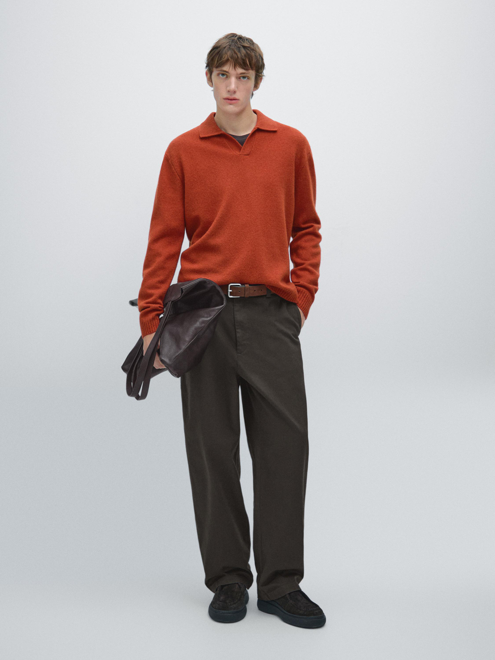 Massimo Dutti Свитер поло из смесовой шерсти с V-образным вырезом, мандариновый