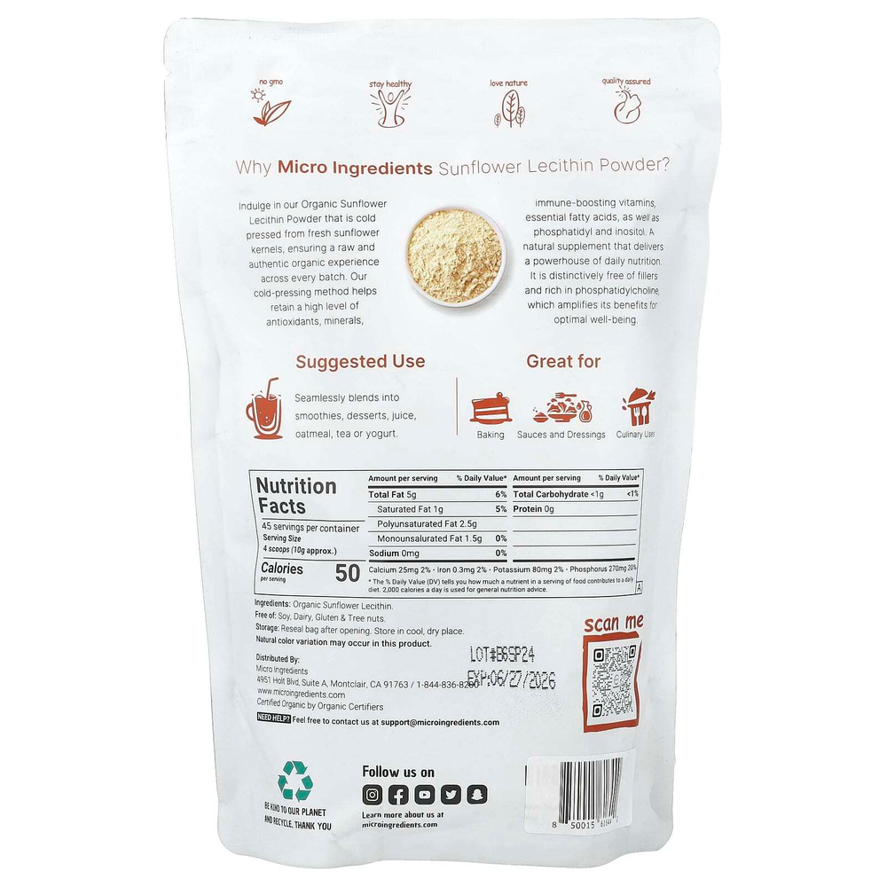 Micro Ingredients, Порошок органического подсолнечного лецитина, 454 г (1 фунт)