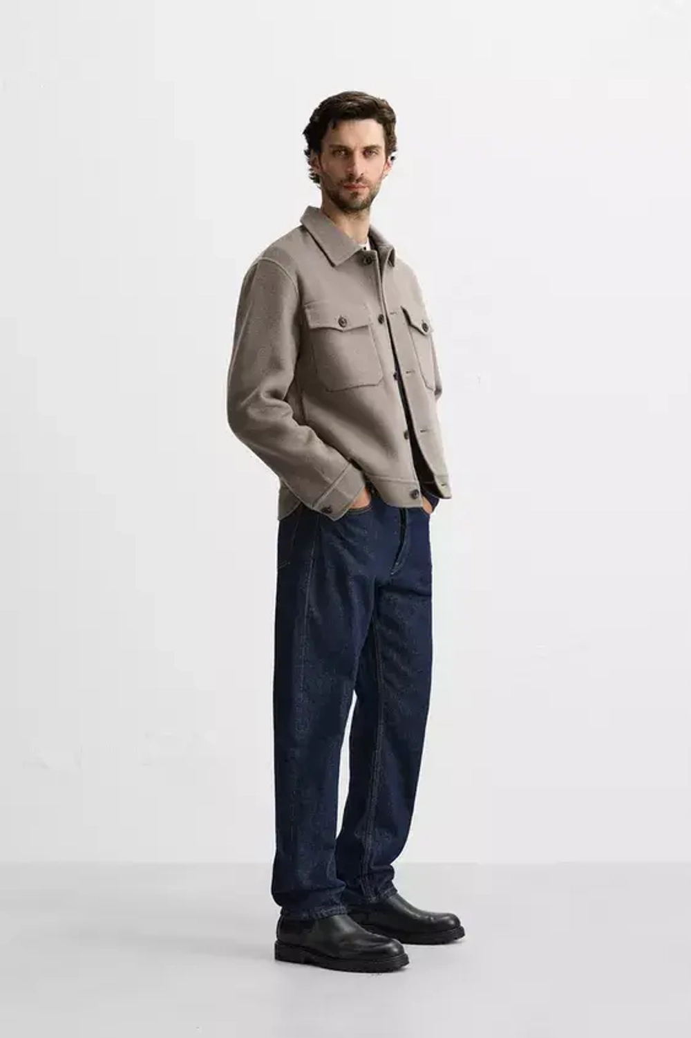 ZARA КУРТКА-РУБАШКА ИЗ СМЕСОВОЙ ШЕРСТИ, СЕРО-КОРИЧНЕВЫЙ