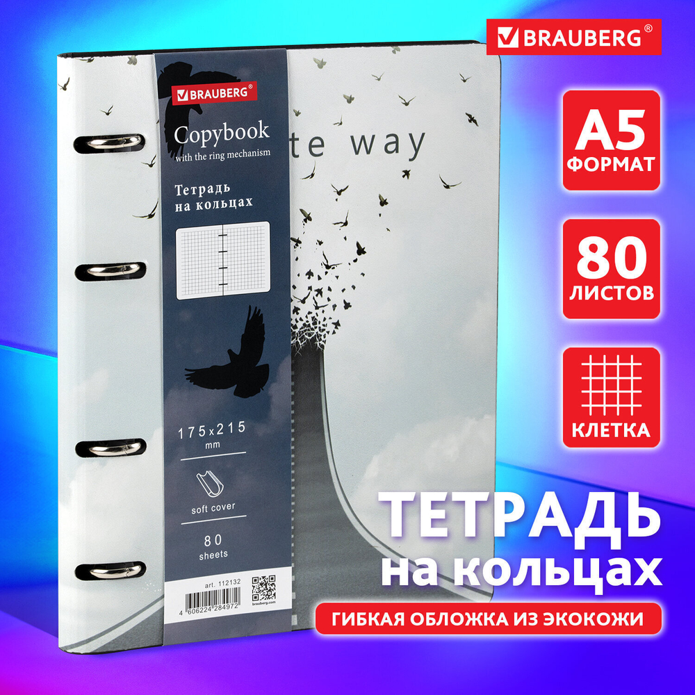 Тетрадь на кольцах А5 (180х220 мм) 80 листов под кожу клетка BRAUBERG VISTA Infinite way (2 штуки в упаковке)