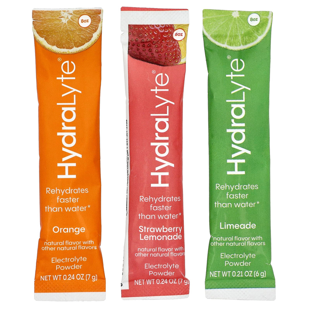Hydralyte, шипучий электролитный порошок, ассорти вкусов, апельсин, клубничный лимонад и лаймад, 30 отдельных пакетиков, 200 г (6,9 унции)