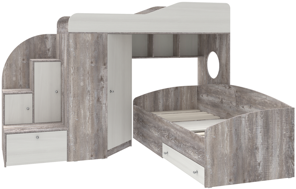 Кровать-чердак КарИВи Кадет 2 Бетон Белое Дерево