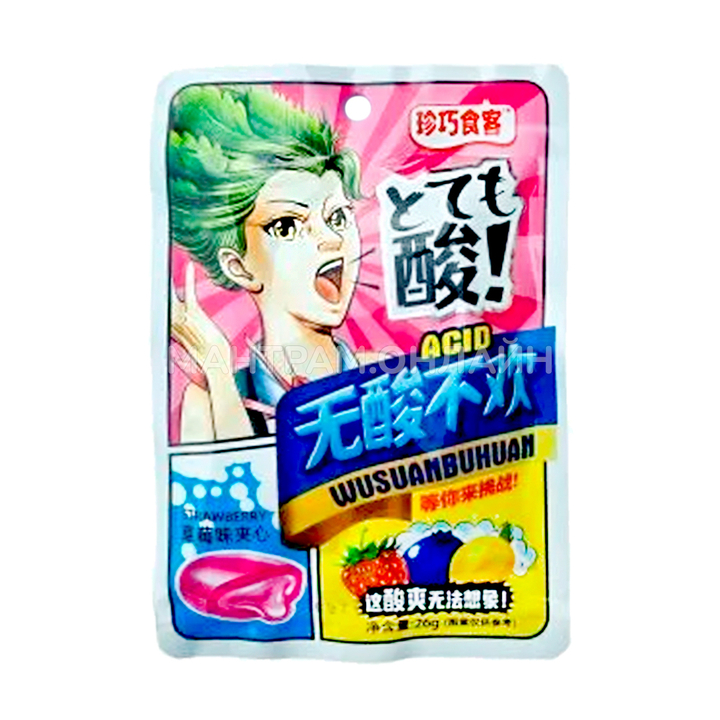Конфеты кислые Wusuanbuhuan Acid Lemon с жидкой начинкой вкус клубника 26 г