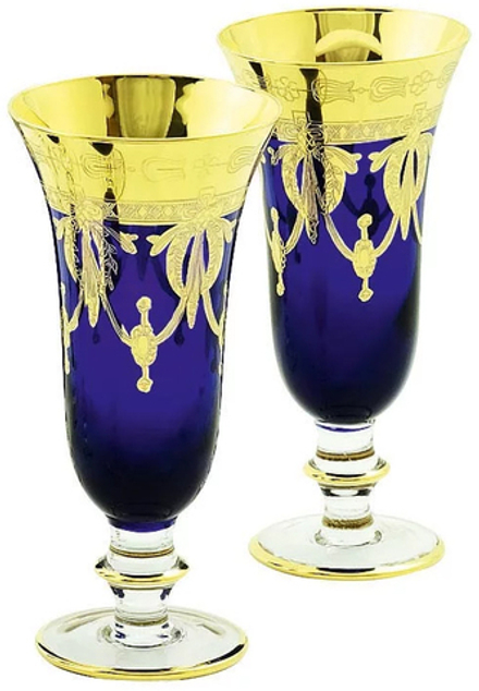 Migliore De Luxe Набор фужеров для шампанского Dinastia Blu, хрусталь синий, декор золото 24К - 2шт