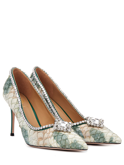 Женские туфли кожаные бело-зелёные с камнем