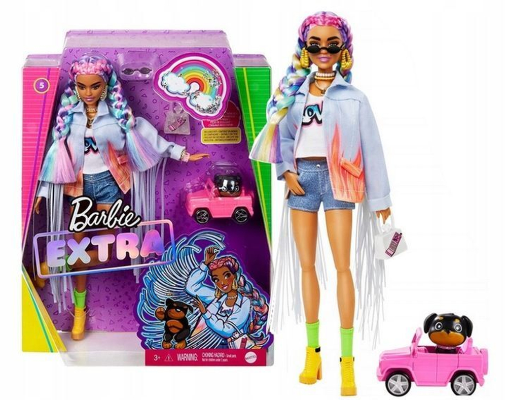 Кукла Mattel Barbie Extra - Экстра с радужными косичками и собакой в машине  - Барби GRN29 купить в Москве | Доставка по России.