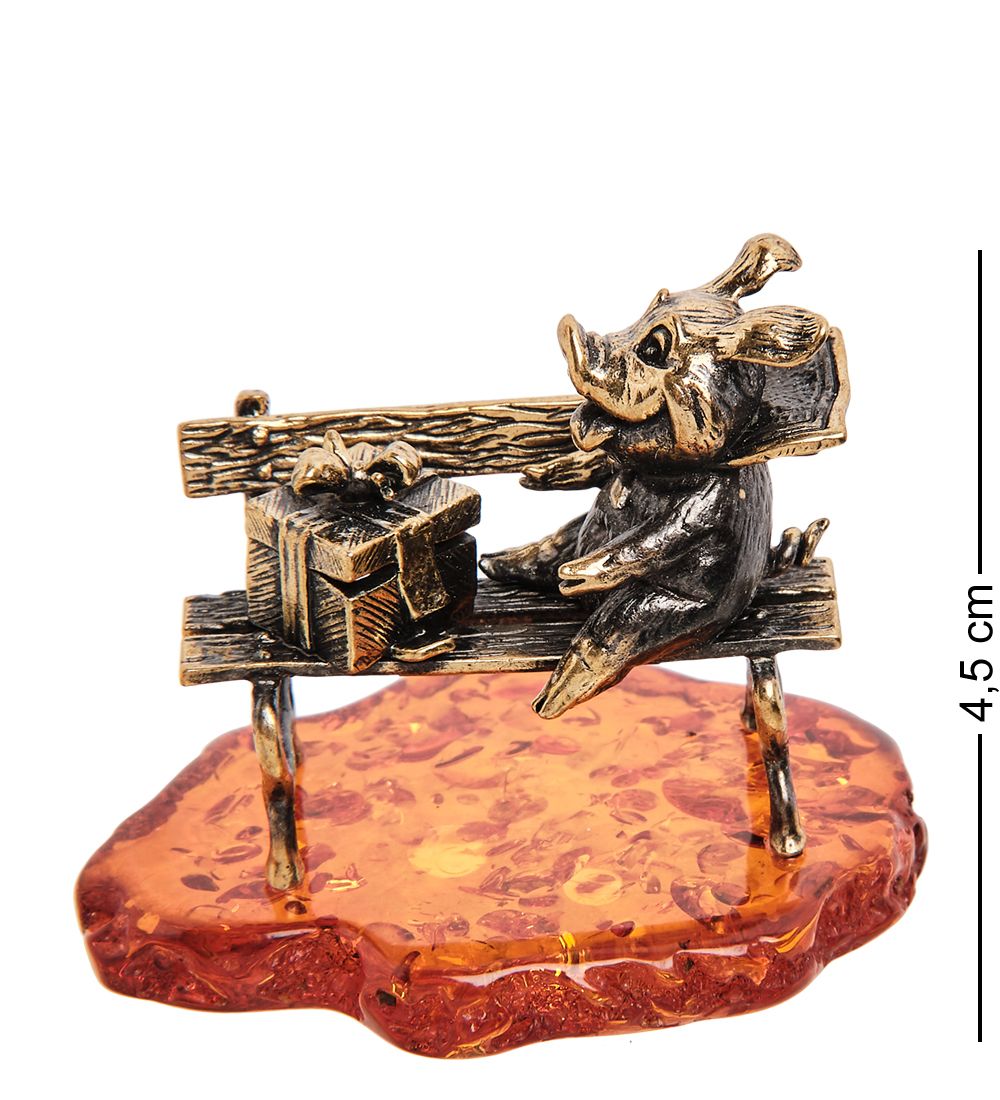 Народные промыслы AM-2959 Фигурка «Поросенок безудержное счастье» (латунь, янтарь)