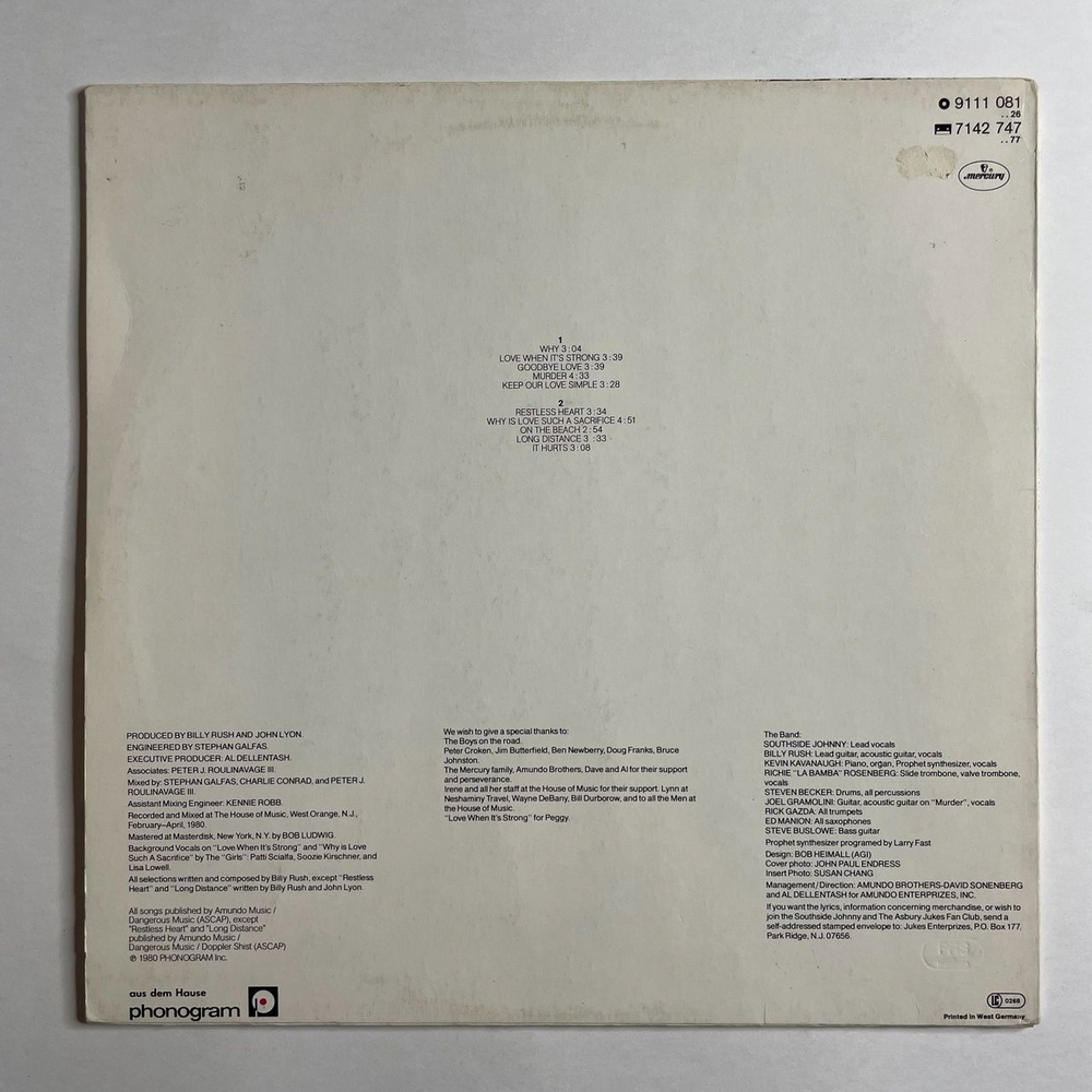Винтажная виниловая пластинка LP Southside Johnny and The Asbury Jukes Love Is A Sacrifice (Germany 1980)