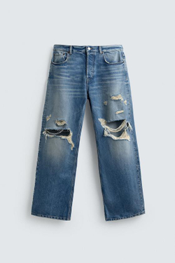ZARA ДЖИНСЫ RELAXED FIT С РАЗРЕЗАМИ, СИНИЙ