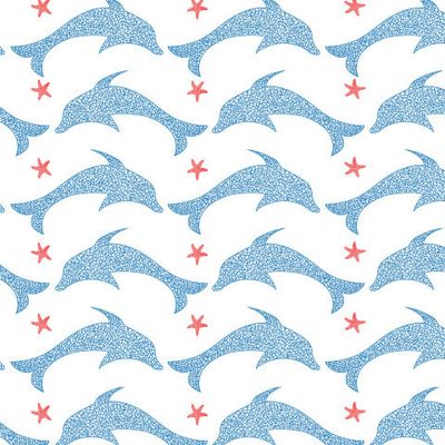 Дельфины в стиле детского рисунка и морские звезды.