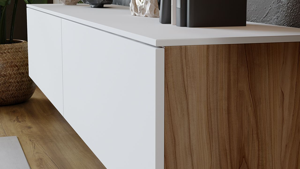 Тумба под телевизор подвесная Яблоня Беллуно/Белый софт 180х37х33 см