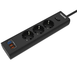 Сетевой фильтр удлинитель Philips CHP4336BA/51 с тремя стандартными розетками EU, 2 USB-A, Type-C, с заземлением и защитой от перегрузок, 2 м, черный