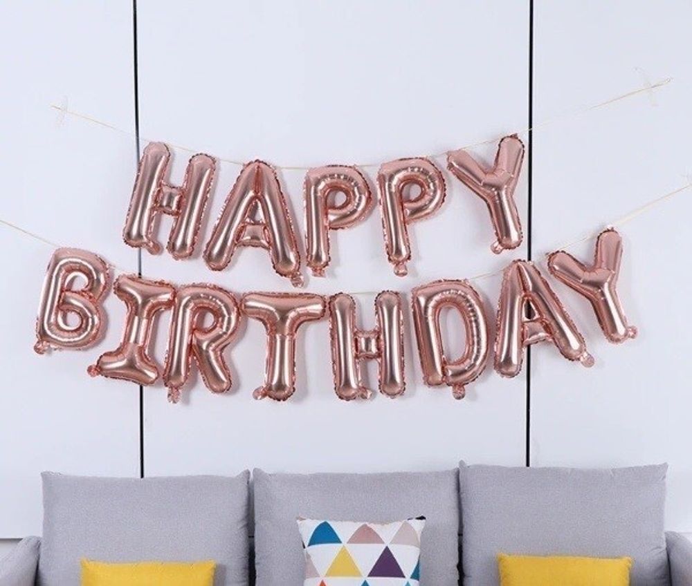 Набор шаров (16"/41 см) Мини-Надпись "Happy Birthday", Розовое Золото