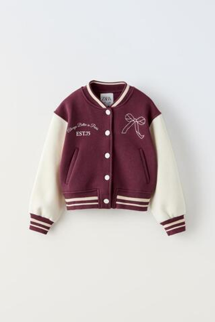 ZARA КУРТКА-БОМБЕР С ВЫШИТЫМ БАНТОМ, ГРАНАТОВЫЙ