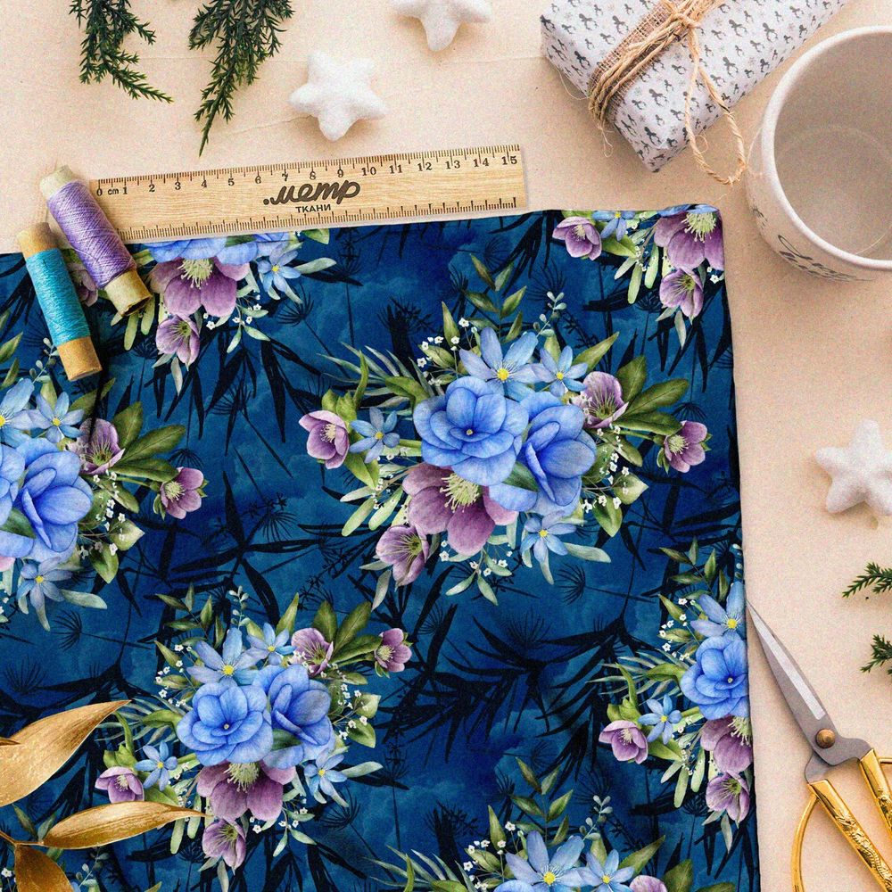 Ткань дюспо пастельные цветы на синем фоне с листьями