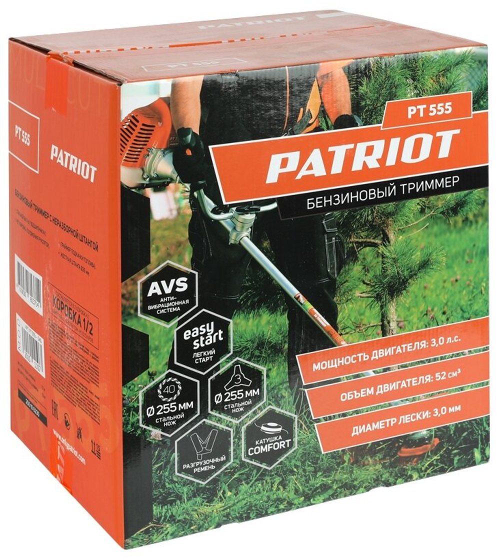 Мотокоса бенз PATRIOT PT 555 (1+1), 52сс, 3.0л.с, жест. вал, U-рук, катушка Comfort+3Т(250106230)
