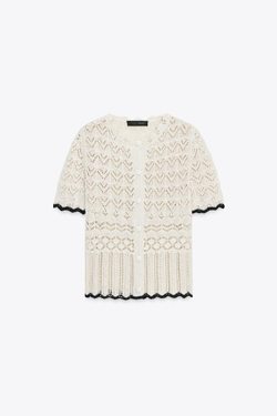 ZARA КАРДИГАН С КОРОТКИМИ РУКАВАМИ И АЖУРНОЙ ВЯЗКОЙ, БЕЛЫЙ/ЧЕРНЫЙ