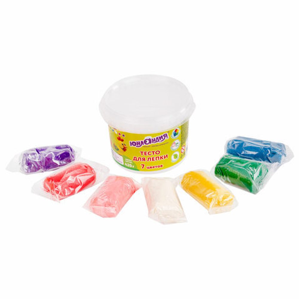 Пластилин на растительной основе (тесто для лепки) ЮНЛАНДИЯ, 7 цветов, 420 г, пластиковое ведро, 105506