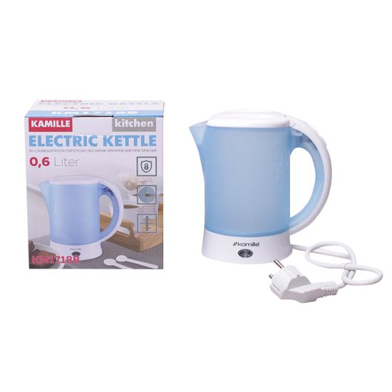 Чайник 0,6 л. электрический пластиковый Kamille KM-1718B белый-голубой c чашками и ложками