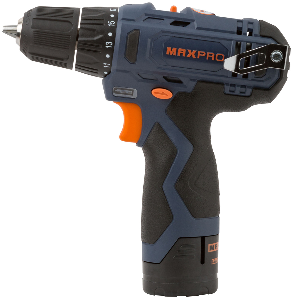 MAX-PRO Дрель-Шуруповерт аккумуляторная 12 В, 0-350/0-1300об/мин, 10мм, 26Нм, 2 батареи (Li-Ion) х1,3Ач, 17+1, 1ч., регулировка оборотов, резиновые вс 85026