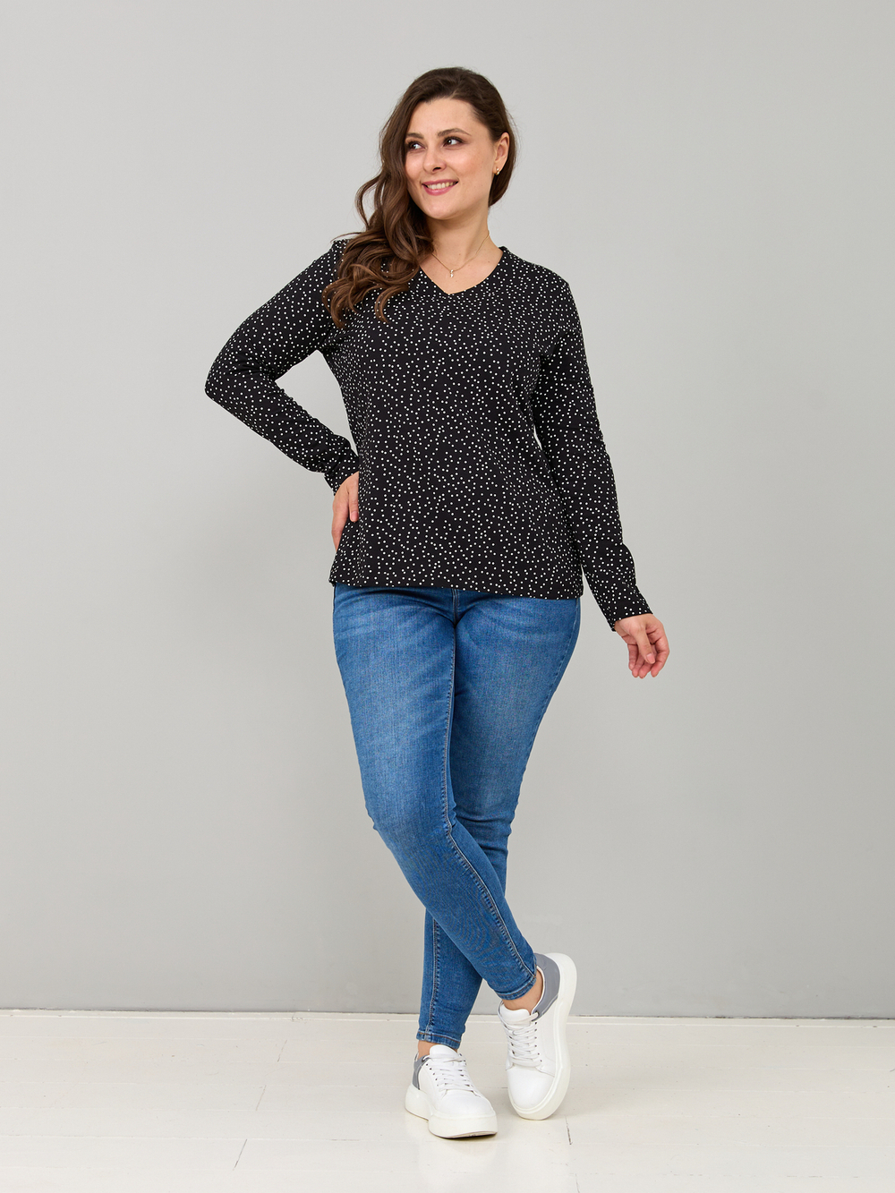 Лонгслив ЛНкл-080/черный-белыйгорох