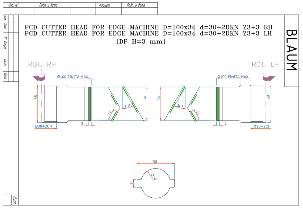 PCD фреза D.100x34x30+DKN Z=3+3 H=3 LH + RH для Brandt, SCM, IMA, Holzher