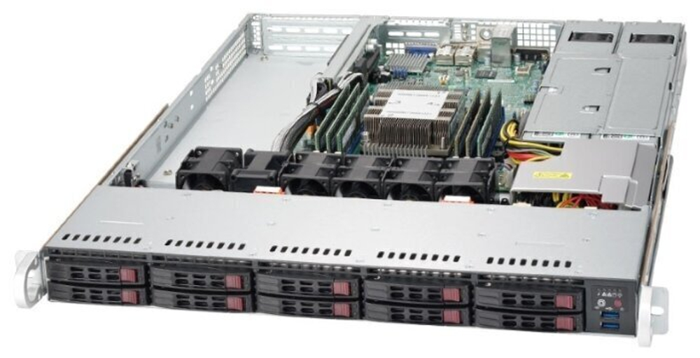 Сервер Supermicro SuperServer 1019P-WTR без процессора/без ОЗУ/без накопителей/количество отсеков 2.5" hot swap: 10/2 x 500 Вт/LAN 10 Гбит/c