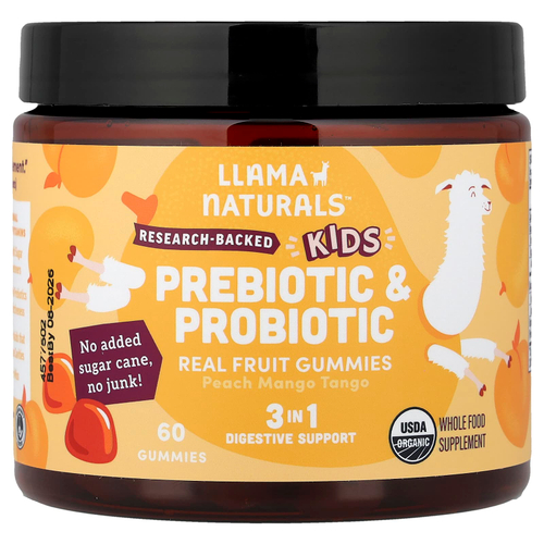 Llama Naturals, пребиотики и пробиотики для детей, натуральные фруктовые жевательные таблетки, со вкусом персика и манго, 60 жевательных таблеток