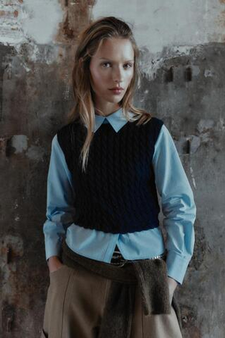 ZARA КОМБИНИРОВАННАЯ РУБАШКА ИЗ ПОПЛИНА, МОРСКОЙ СИНИЙ