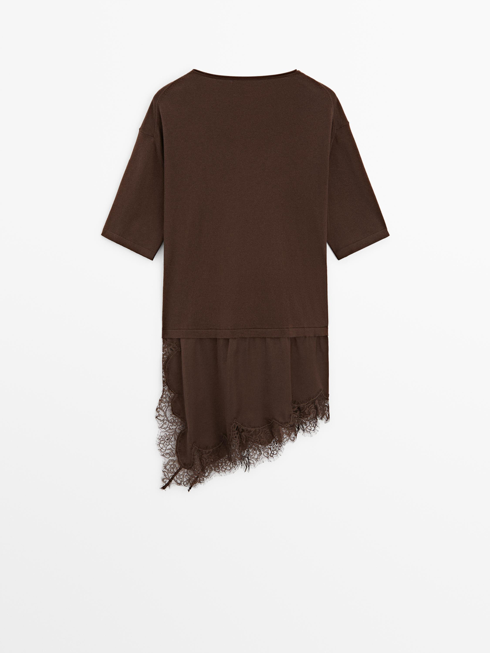 Massimo Dutti Платье с контрастной отделкой кружевом, коричневый