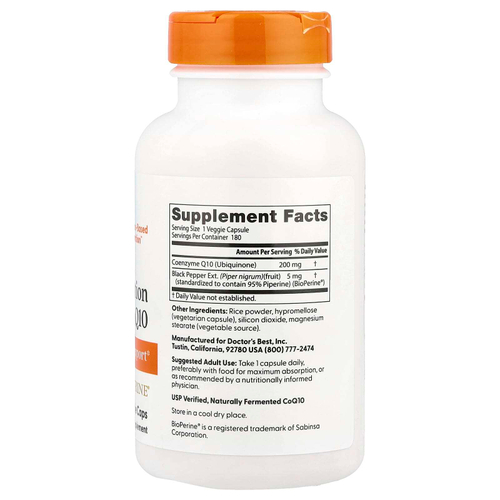 Doctor's Best, коэнзим Q10 с высокой степенью усвояемости, с BioPerine, 200 мг, 180 вегетарианских капсул