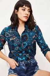 Qadın üçün mavi, qolu qatlamalı  Etnik Naxışlı Köynək 10041023