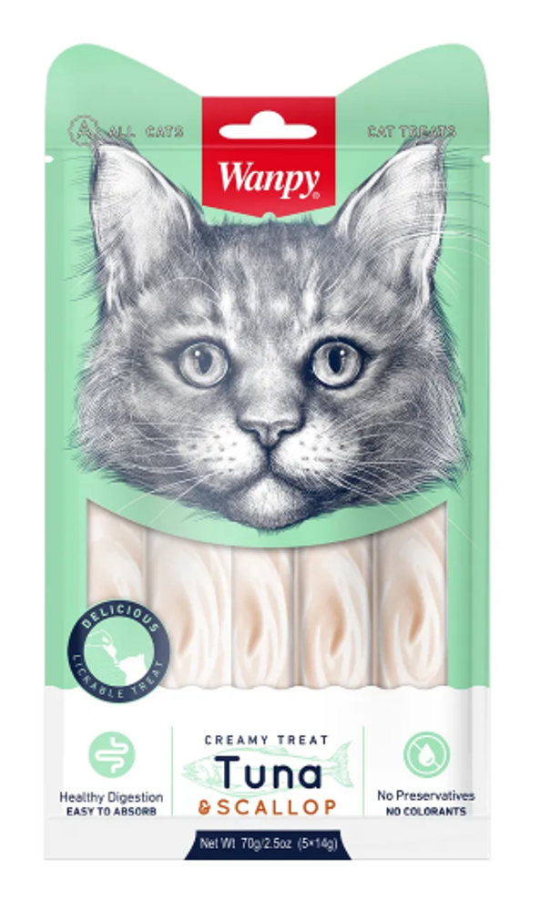 Лакомство для кошек Wanpy Cat «нежное пюре» из тунца и гребешка 70г