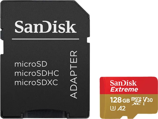 Карта памяти SanDisk Extreme microSDXC 128GB + SD Adapter 160МB/s, Class 10 UHS-I U3 (SDSQXA1-128G-GN6MA)