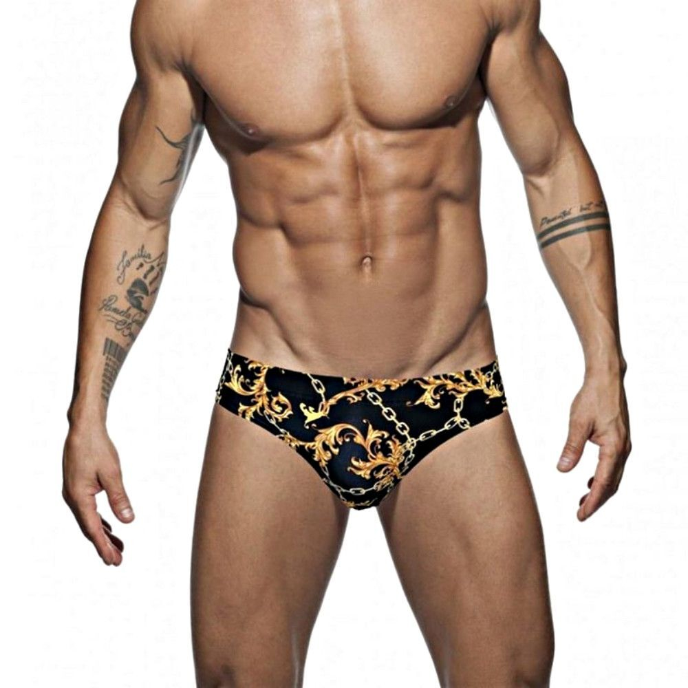Черные мужские плавки с принтом в виде цепей и завитков (Размер: XXL) (Цвет: черный)