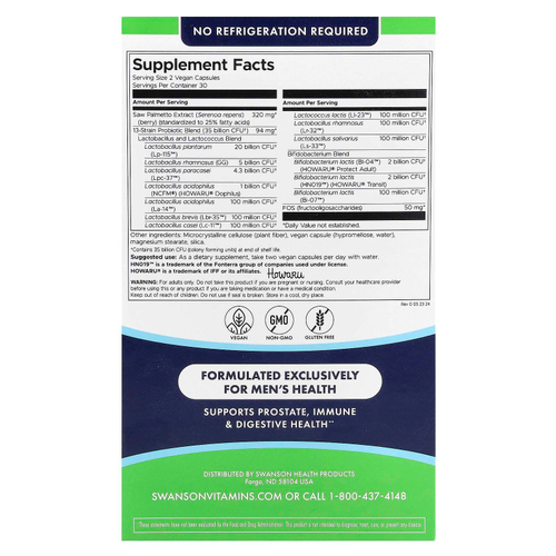 Swanson, Для мужчин, ежедневно, пробиотики и пребиотики, ФОС и сереноа, 35 млрд КОЕ, 60 веганских капсул