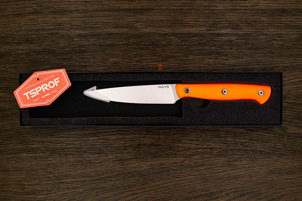 Нож кухонный MOYO Аппарель овощной 100мм, сталь AR-RPM9, рукоять G10-extra оранжевый