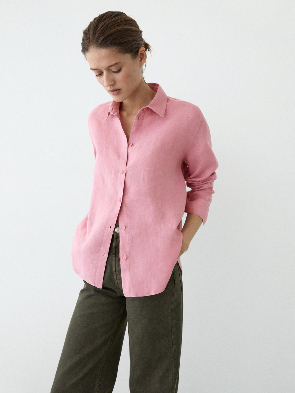 Massimo Dutti Свободная рубашка из 100% льна, цвет глины