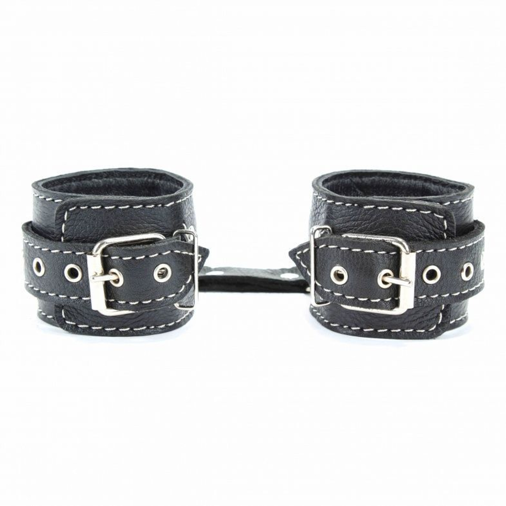 Чёрные кожаные наручники с крупной строчкой (Цвет: черный)