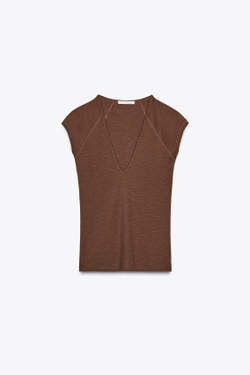 ZARA ФУТБОЛКА В РУБЧИК С V-ОБРАЗНЫМ ВЫРЕЗОМ, ШОКОЛАДНЫЙ