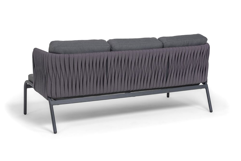 "Ронда" диван 3-местный плетеный из роупа, каркас алюминий темно-серый (RAL7024) муар, роуп серый 40 мм tex, ткань темно-серая 027