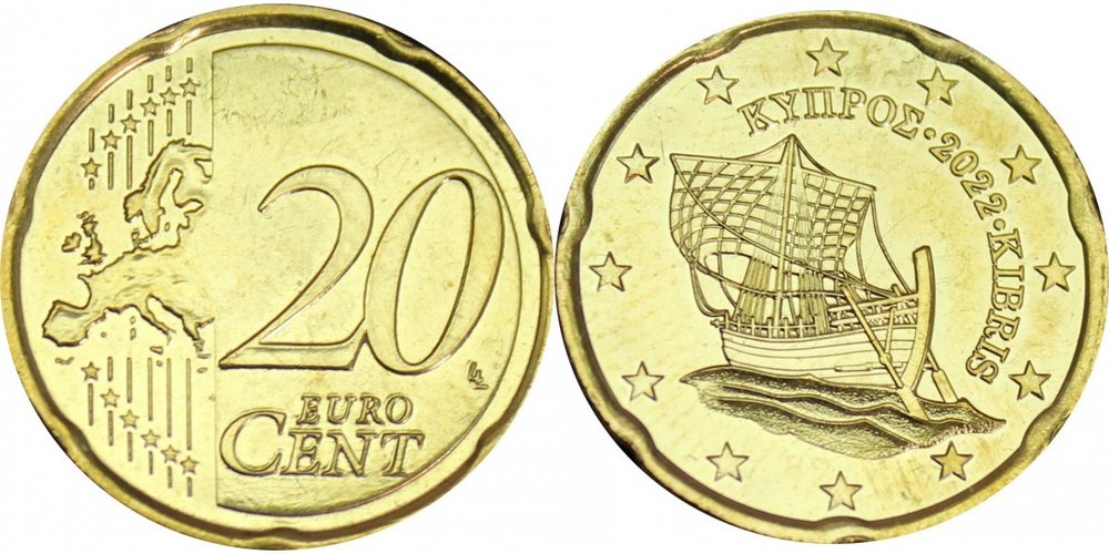 Кипр 20 евроцентов, 2008-2024 Киренийский корабль XF