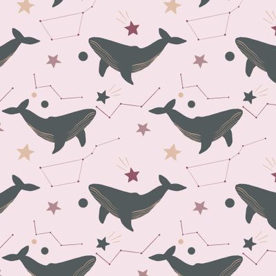 киты, созвездия и звезды на розовом фоне