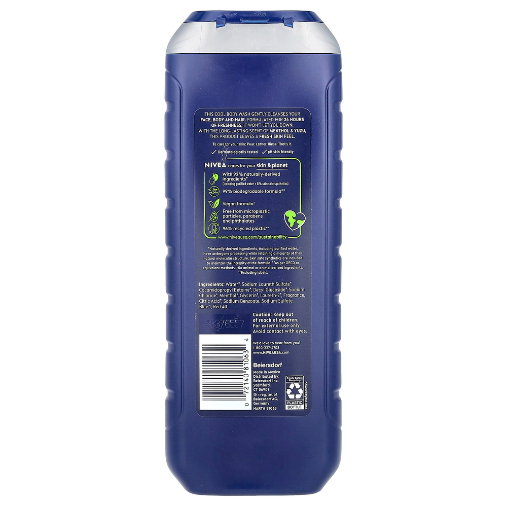 Nivea, Для мужчин, прохладный гель для душа 3 в 1, с ментолом и юдзу, 500 мл (16,9 жидк. Унции)