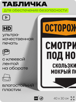 Табличка для обеспечения безопасности "Осторожно, смотрите под ноги, скользкий мокрый пол", для офиса, по охране труда для предприятия, организаций, 40х30 см, Silver Plane x Айдентика Технолоджи